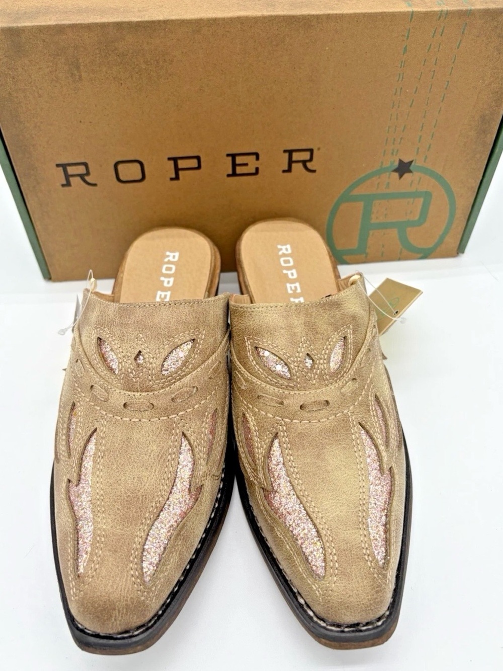 Roper Women’s Metallic Gold Slip-On Mules with Pink Glitter Insets